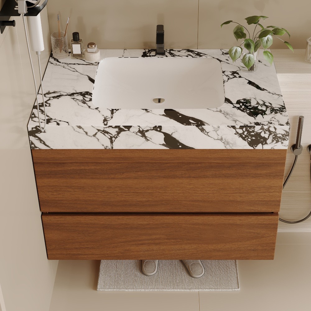 29.9″ Floating Bathroom Vanity with Marble Top & Undermount Sink, Wall-Mounted