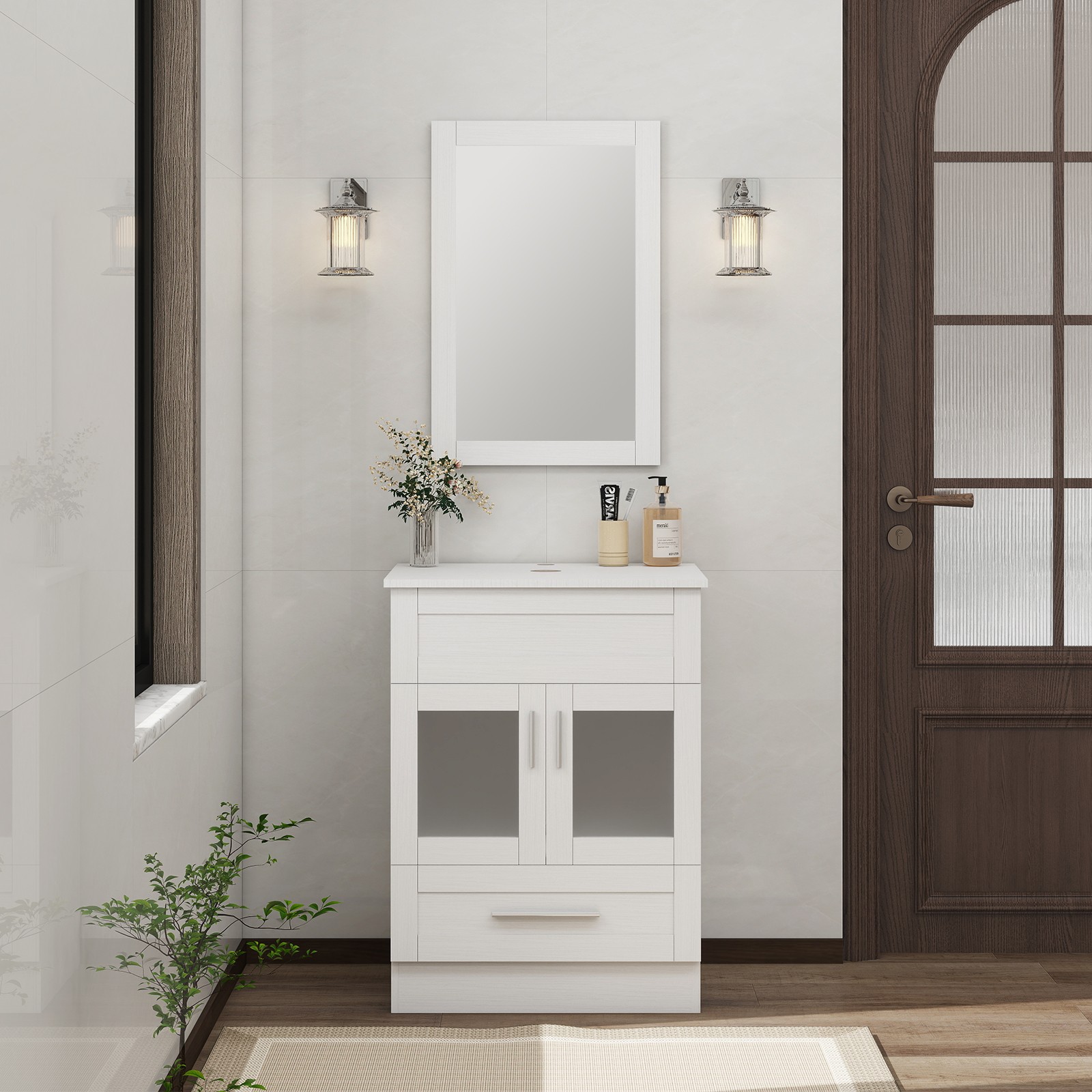 24″ Vanity Bathroom Cabinet w/Mirror & Vessel Sink Basin Bowel Faucet Combo Set