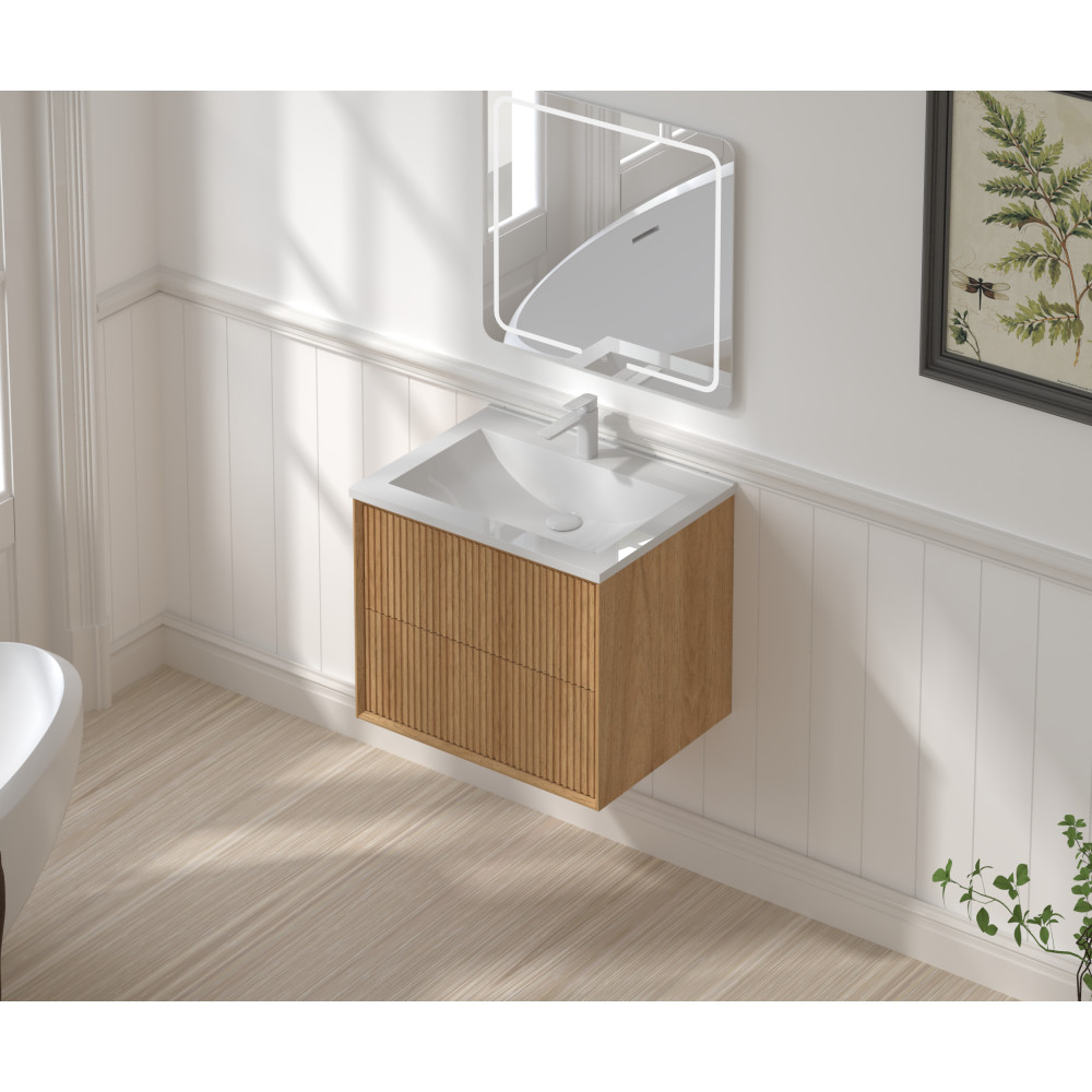 24 Inch Walnut Floating Bathroom Vanity Wall Mounted Solid Wood Cabinet