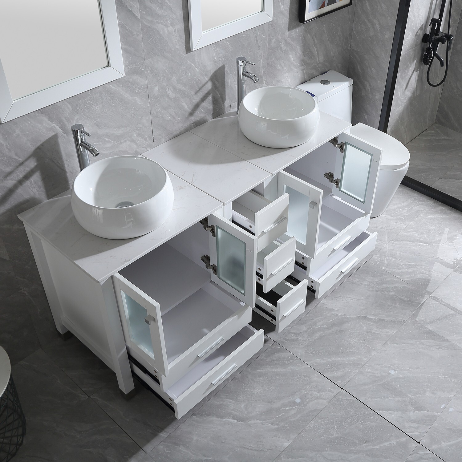 60″ Double Bathroom Vanity White Cabinet Glass Vessel Sink Bowl Mirror w/Faucet