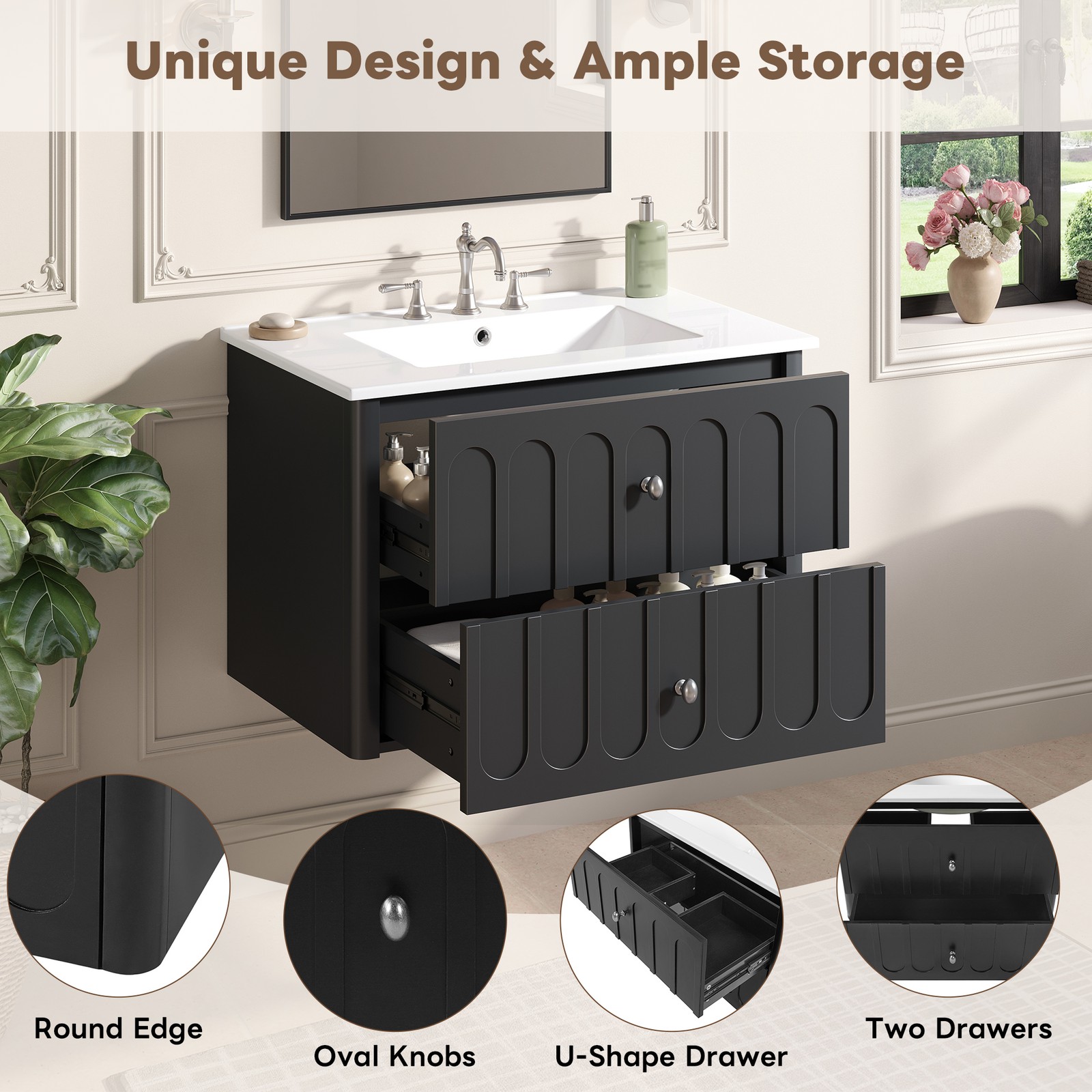 30″ Modern Bathroom Cabinet Floating Bathroom Vanity w/Oval Knobs & Round Edge