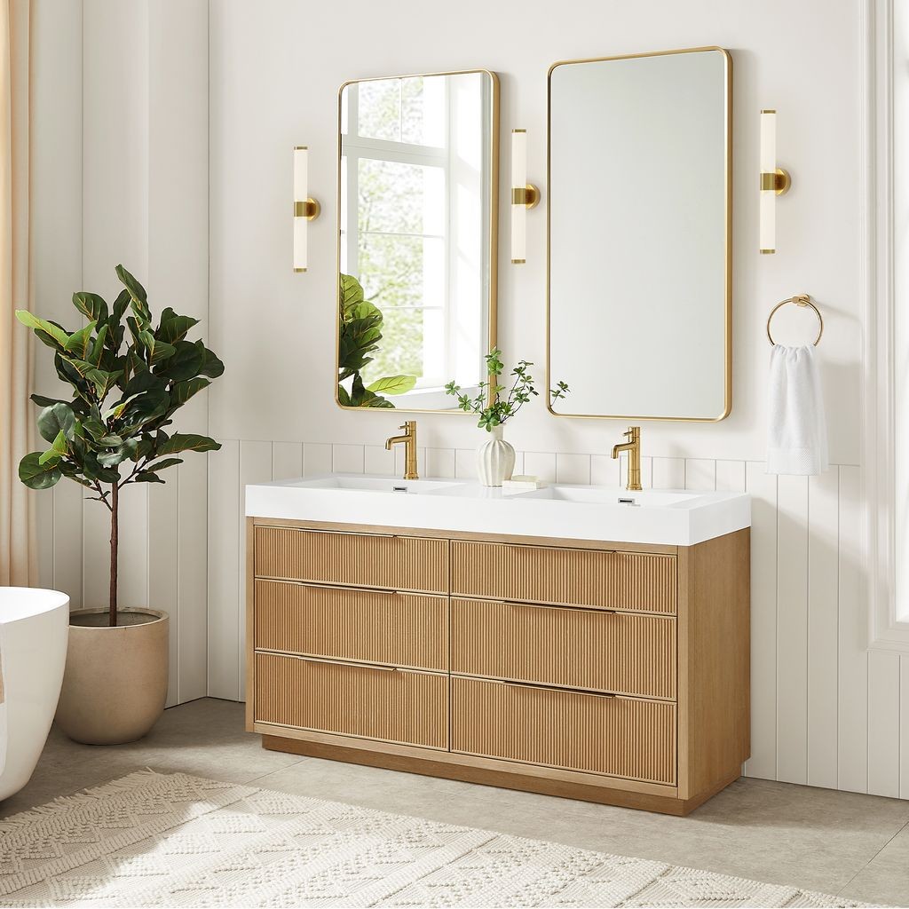 Hohhot 60″ Double Bath Vanity in Washed Ash Grey with White Stone Top