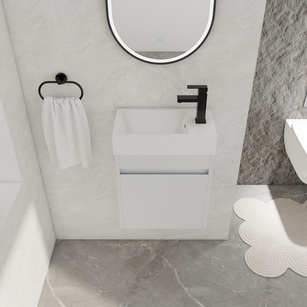 Modern Floating Vanity with Soft-Close Door & White Sink, Eco Plywood (18.11″)