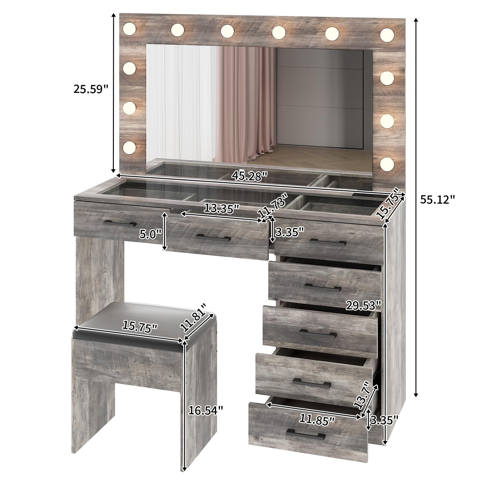 Vanity Desk Mirror 3 Color Lights Charging 7 Drawer Glass Top Stool Grey