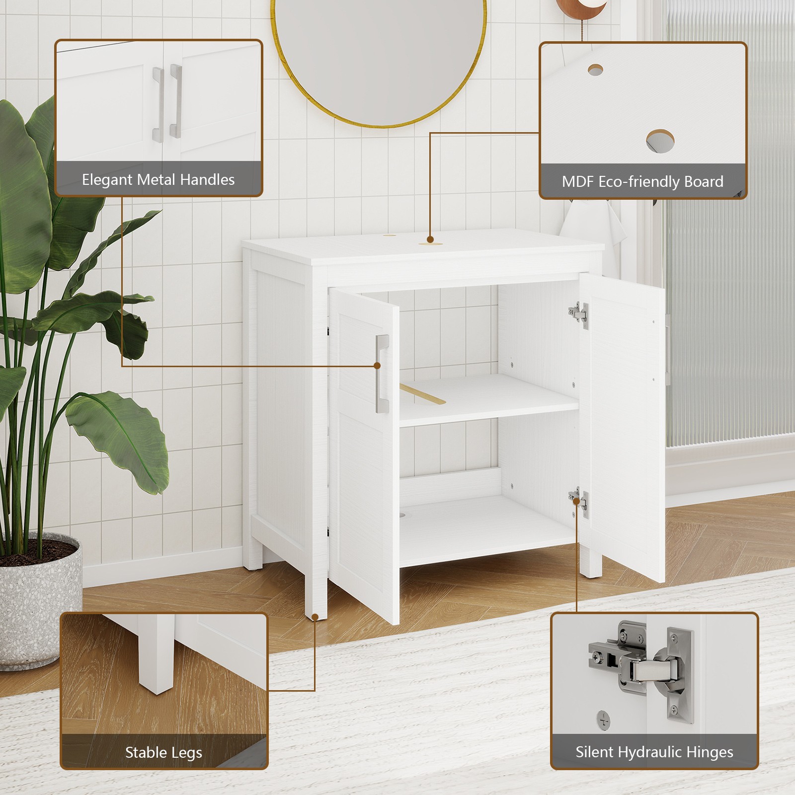 30″ White Freestanding Vanity with Vessel Sink, Pop-Up Drain & Storage Cabinet