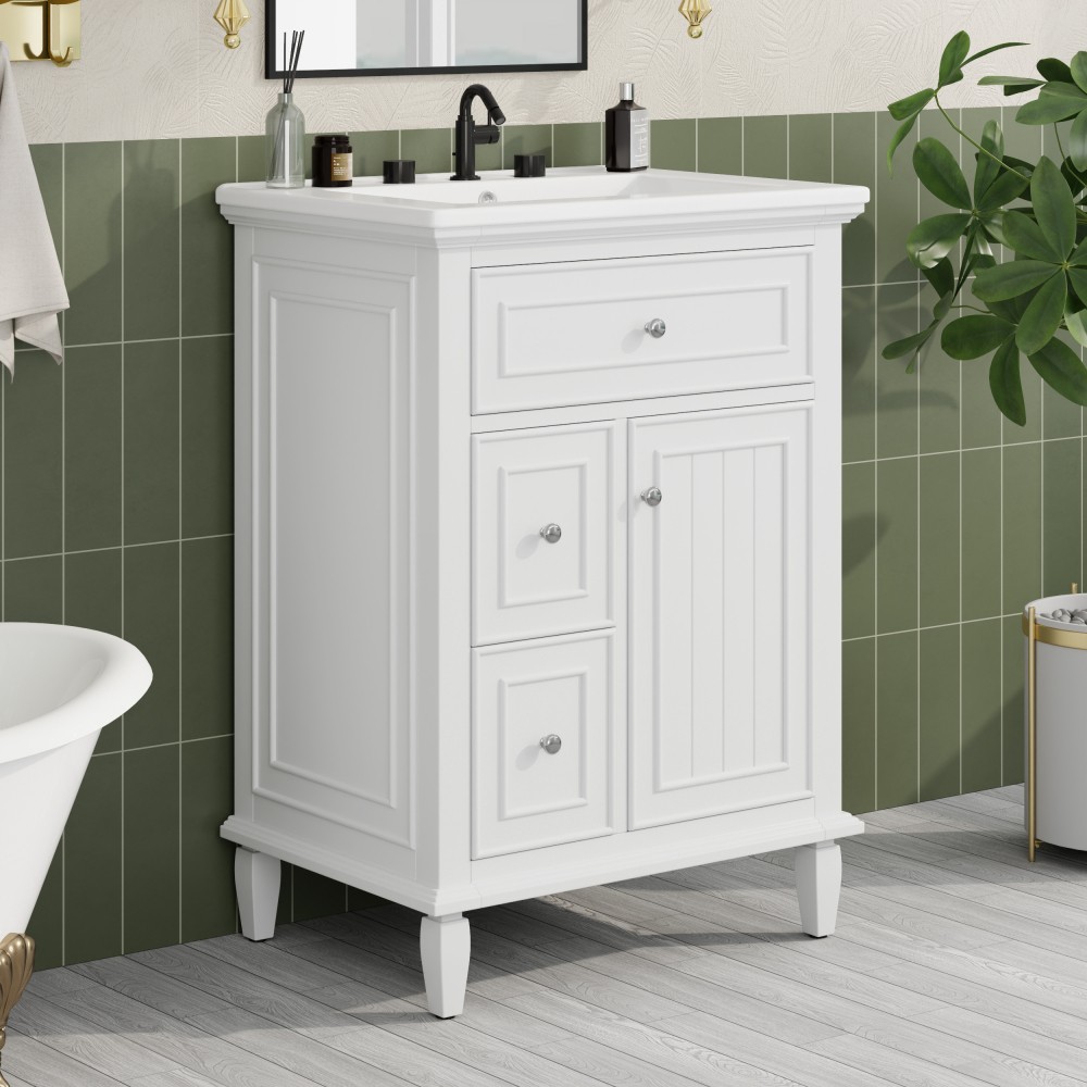 24 Inch White Bathroom Vanity with Ceramic Sink Solid Wood MDF Cabinet