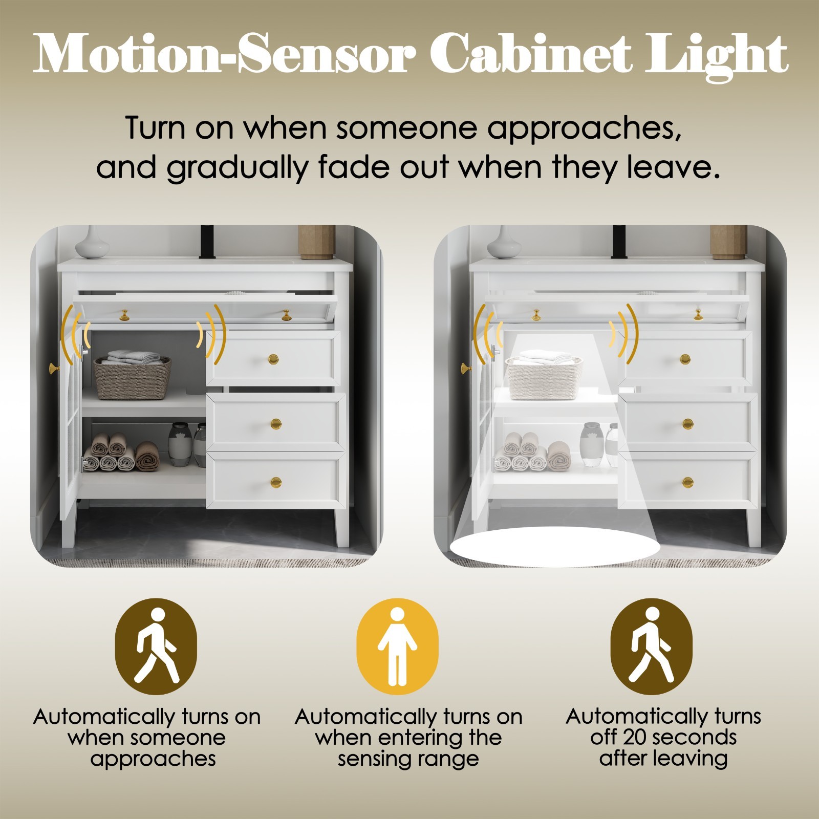 35.6″ Bathroom Vanity Storage Cabinet w/ Ceramic Sink Glass Motion Sensor Light