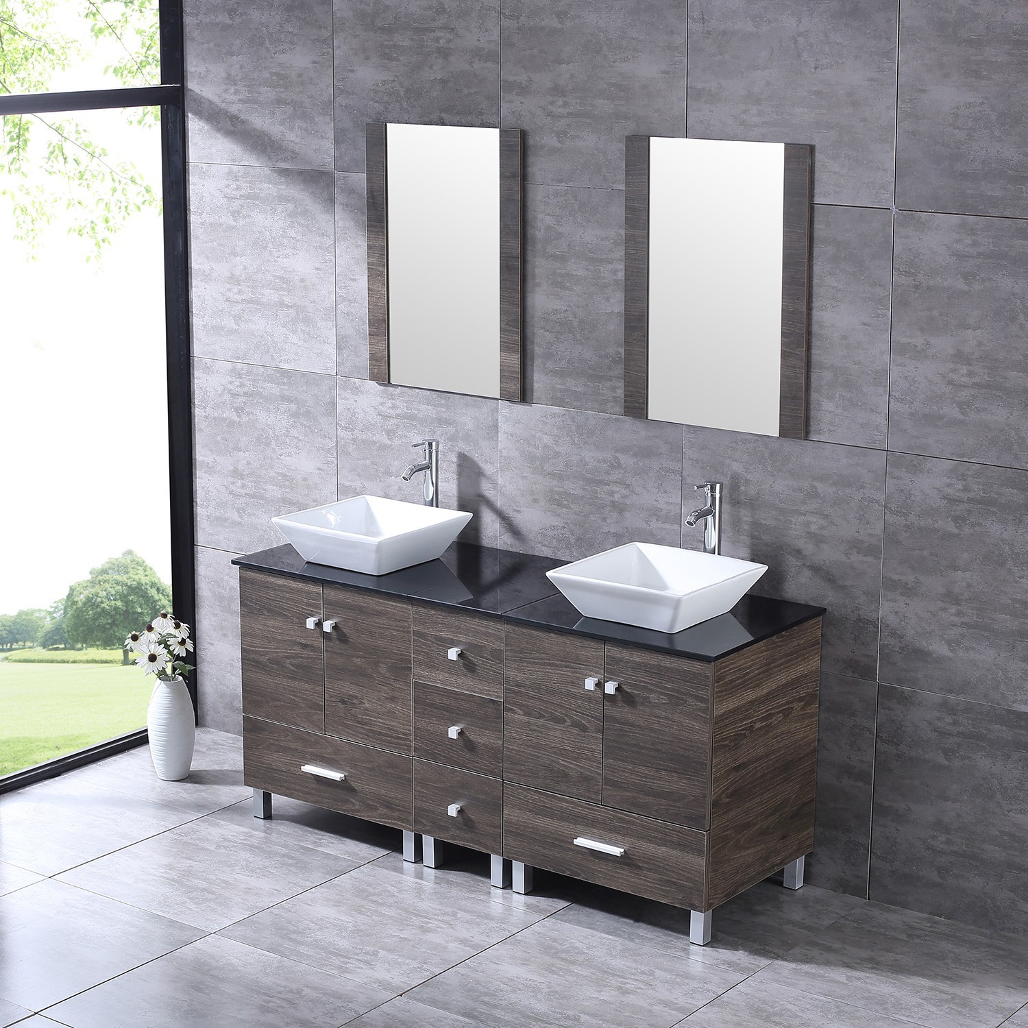 60 inch Bathroom Vanity with Sink DoubleCabinets Ceramic Sink Faucet w/Glass Top