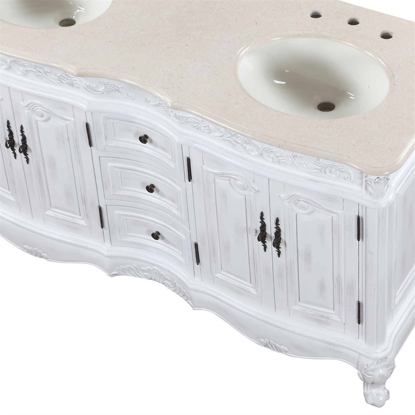 58″ Lavatory Double Sink Bathroom Vanity Cabinet Crema Marfil Marble Top 145CM