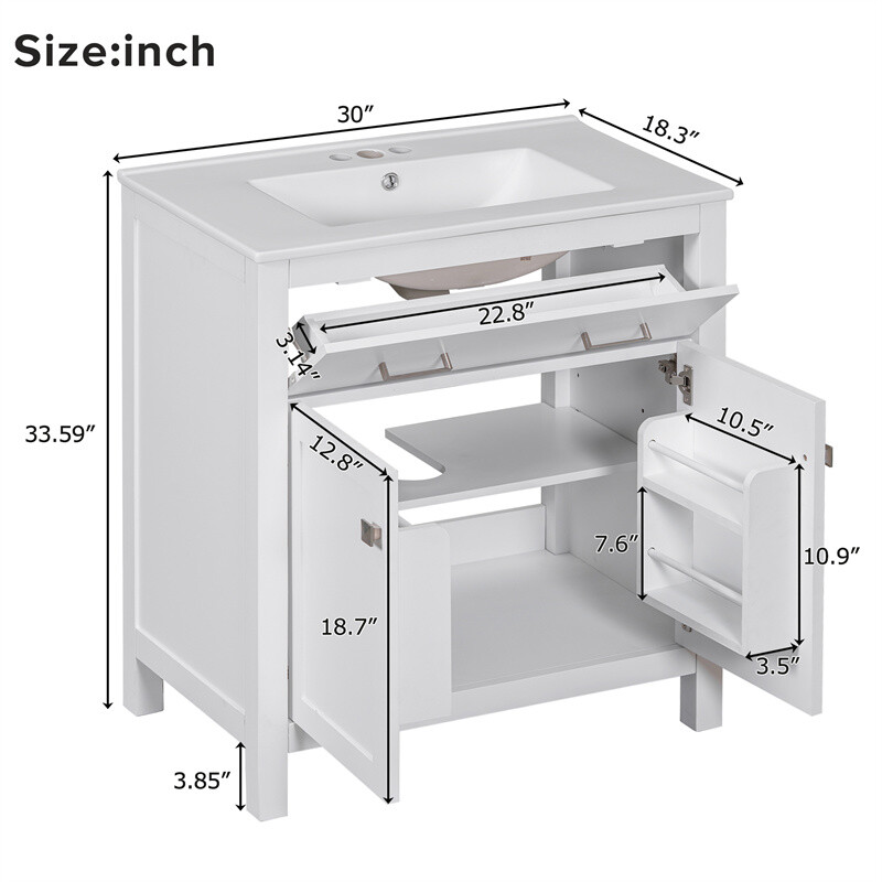 30-inch White Bathroom Vanity w/Ceramic Sink,Soft Close Doors & Flip-out Drawer