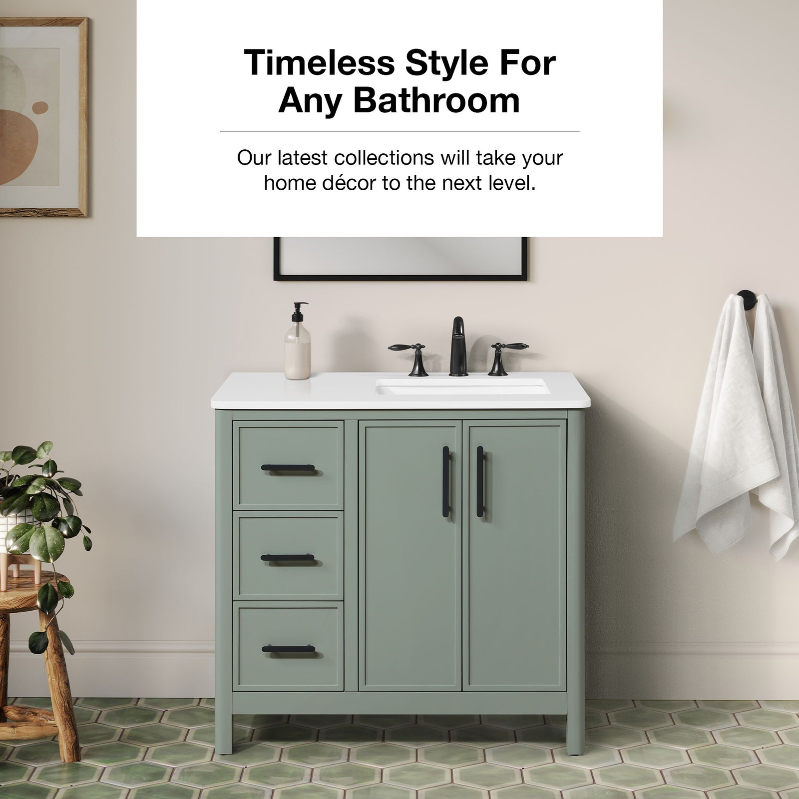 Solas 36″ Bathroom Vanity in Sage Green with White Countertop