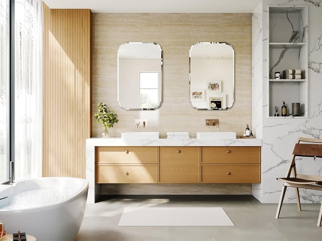 Beveled Scalloped Frameless Bathroom Mirror, 24″ x 36″ Beveled Bathroom Mirrors