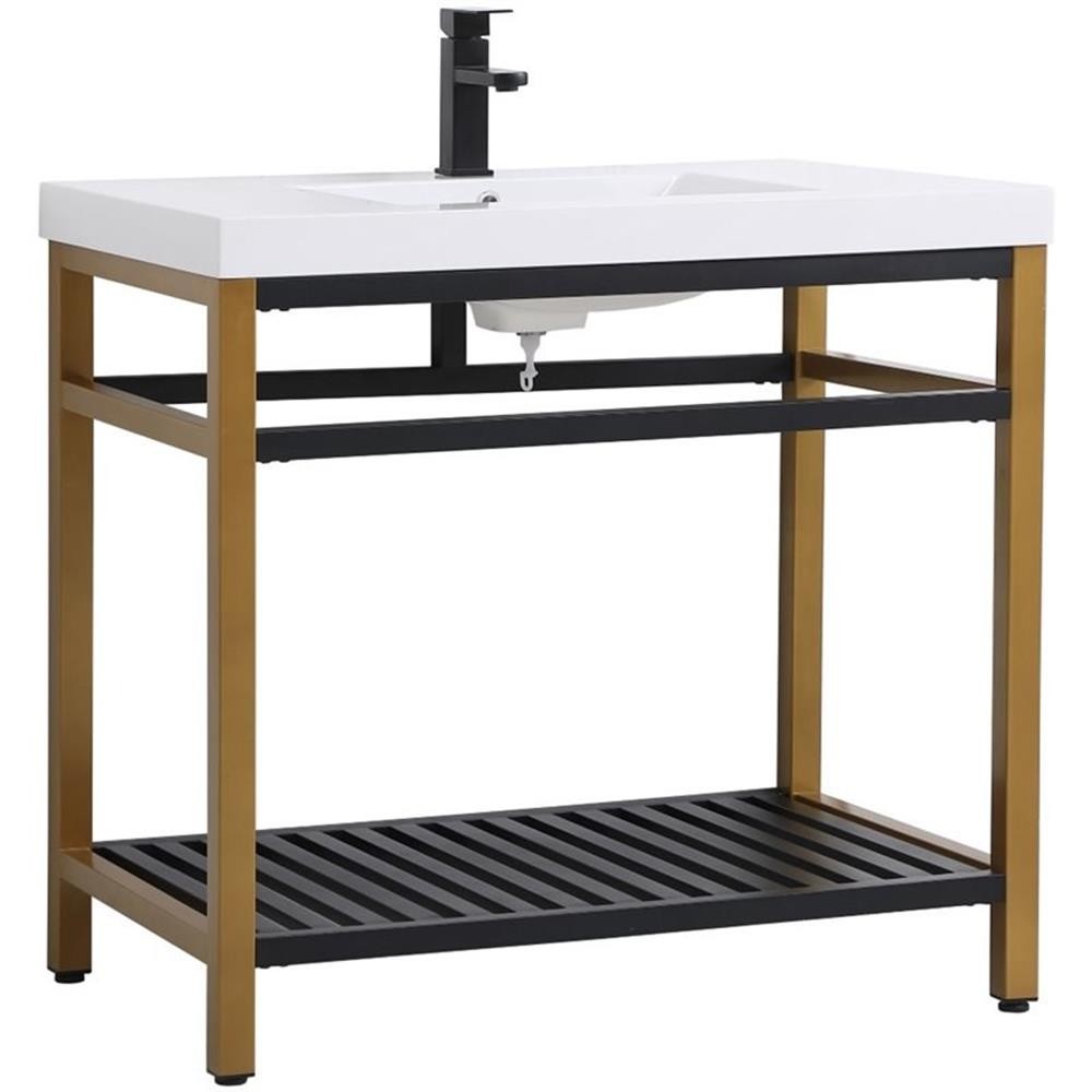 Pemberly Row 36″ Single Resin Top Metal Bathroom Vanity in Gold and Black
