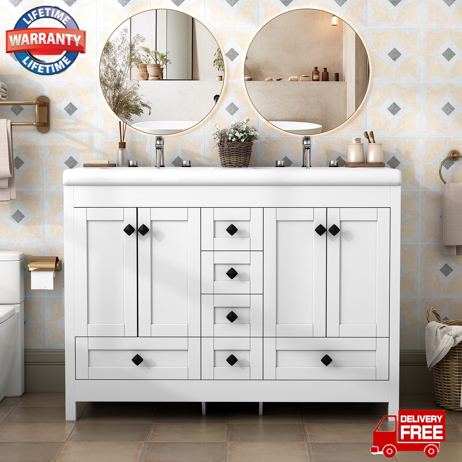 46″ Bathroom Vanity with Ceramic Sink Freestanding Storage Cabinet w/ 5 Drawers