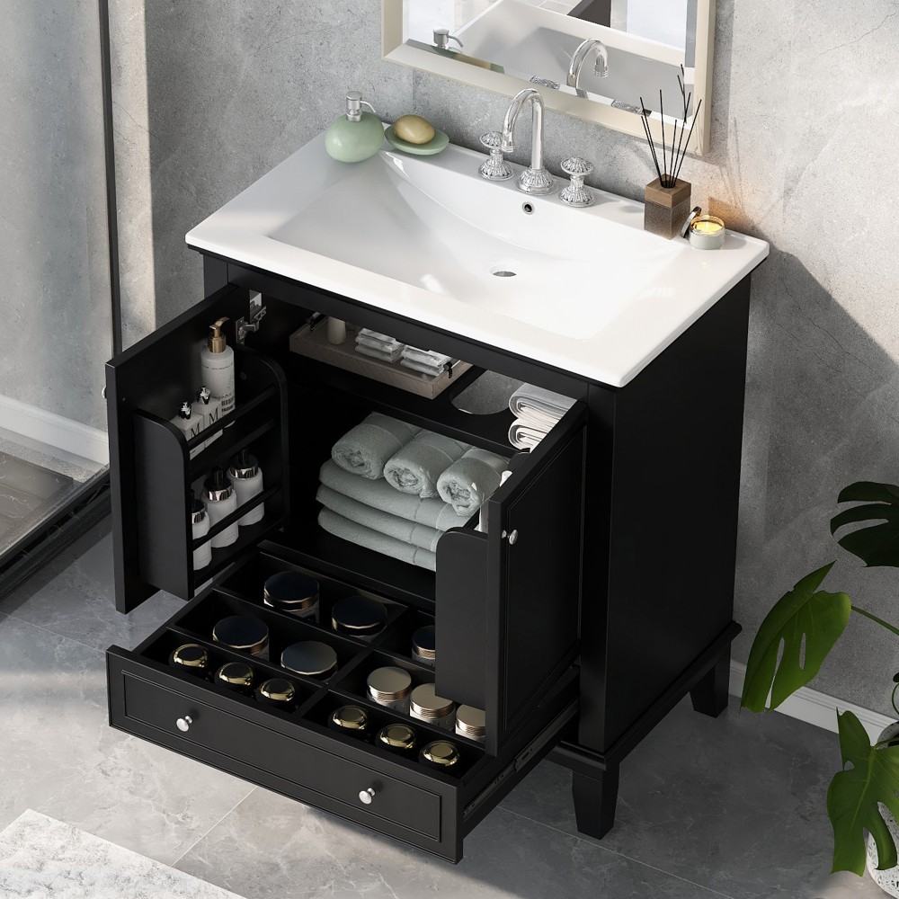 30 Inch Black Bathroom Vanity with Sink Combo Solid Wood MDF Bathroom Cabinet
