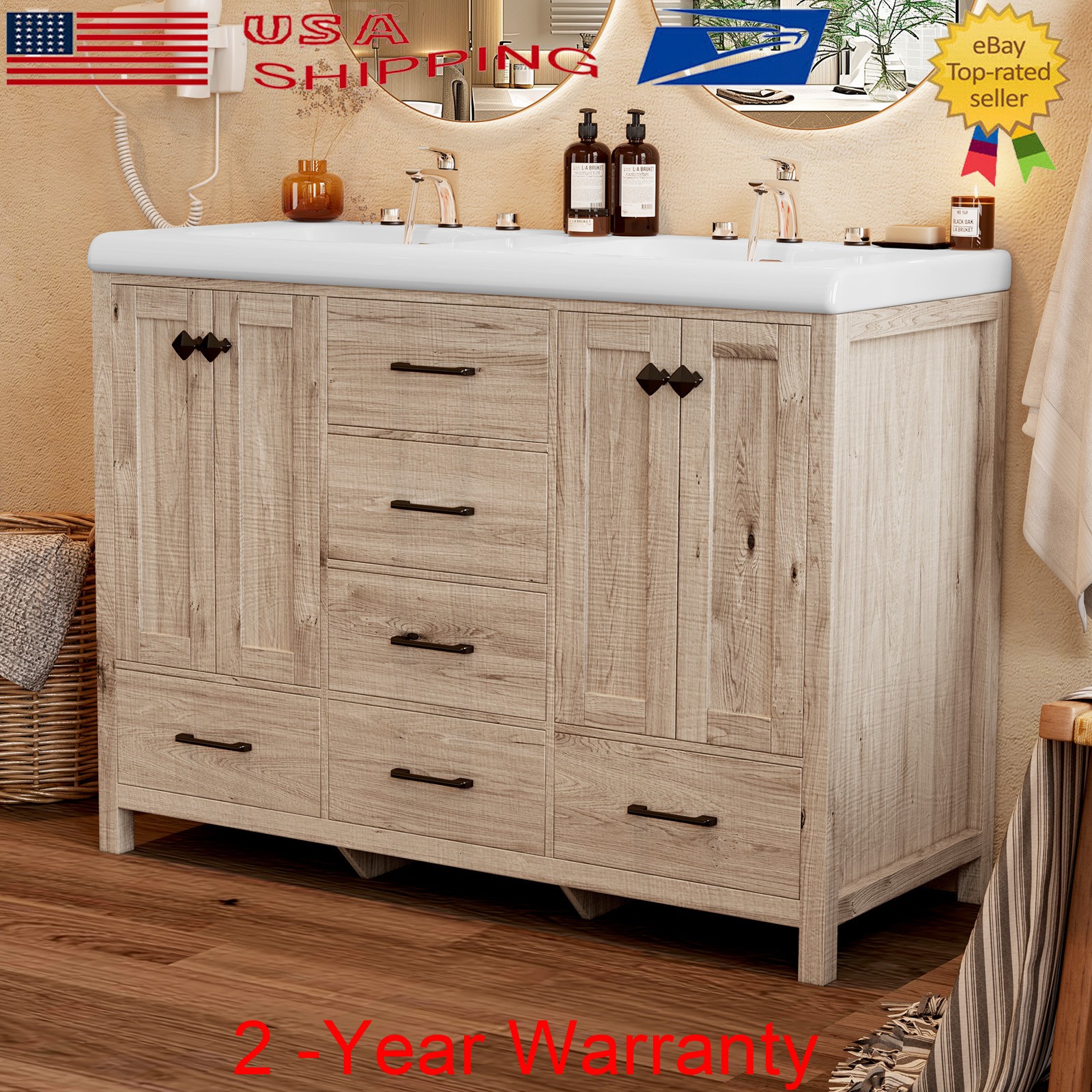 47.3″ Bathroom Vanity Set Double Sink Ceramic Storage Cabinet Drawers Wood Grain
