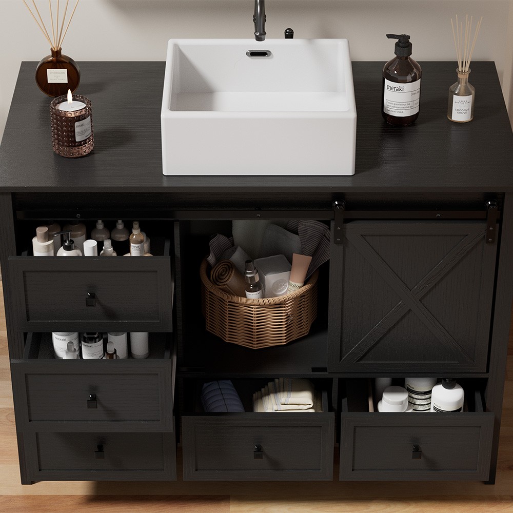 48” Bathroom Vanity w/ Single Sink Ceramic Freestanding Cabinet 7 Drawers & Door