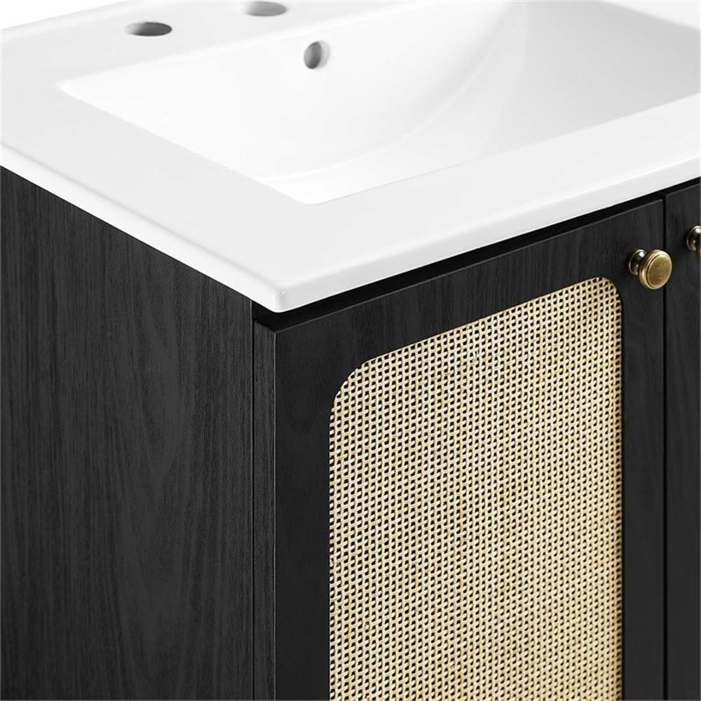 Pemberly Row 24″ Wood & Rattan Bathroom Vanity in Black/White