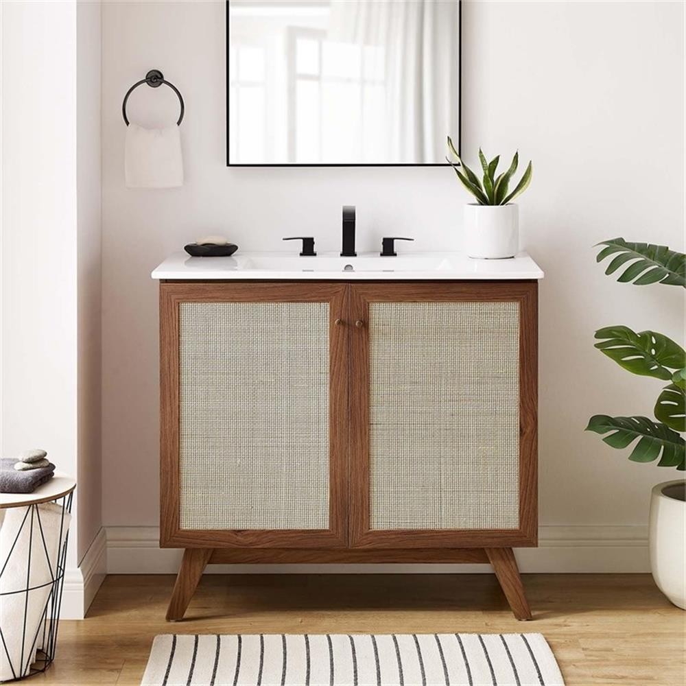 Pemberly Row 36″ Modern Wood Bathroom Vanity Cabinet with Rattan Door in Walnut