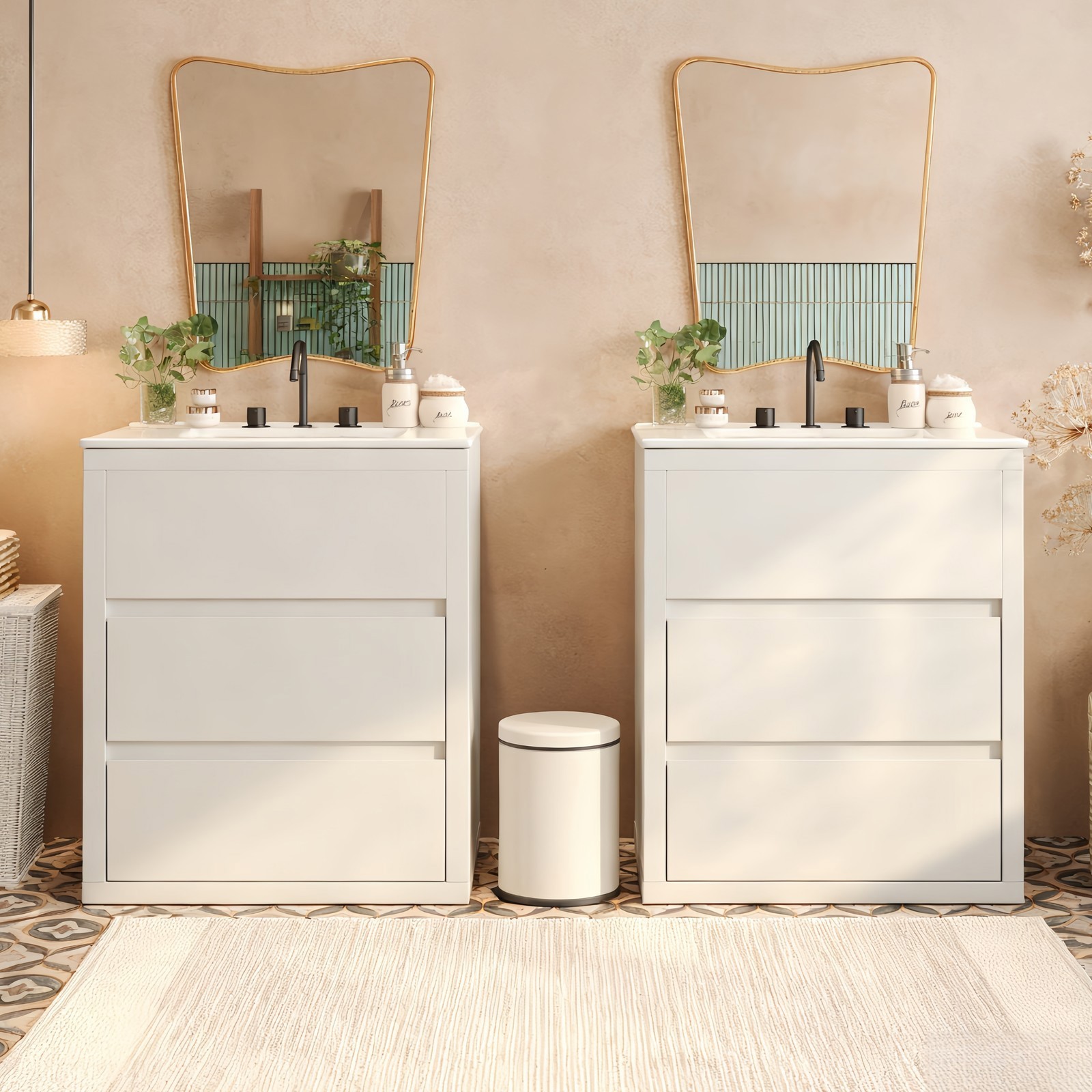 60″ Double Sink Bathroom Vanity Set,Bathroom Cabinet w/2 Separate Ceramic Sinks