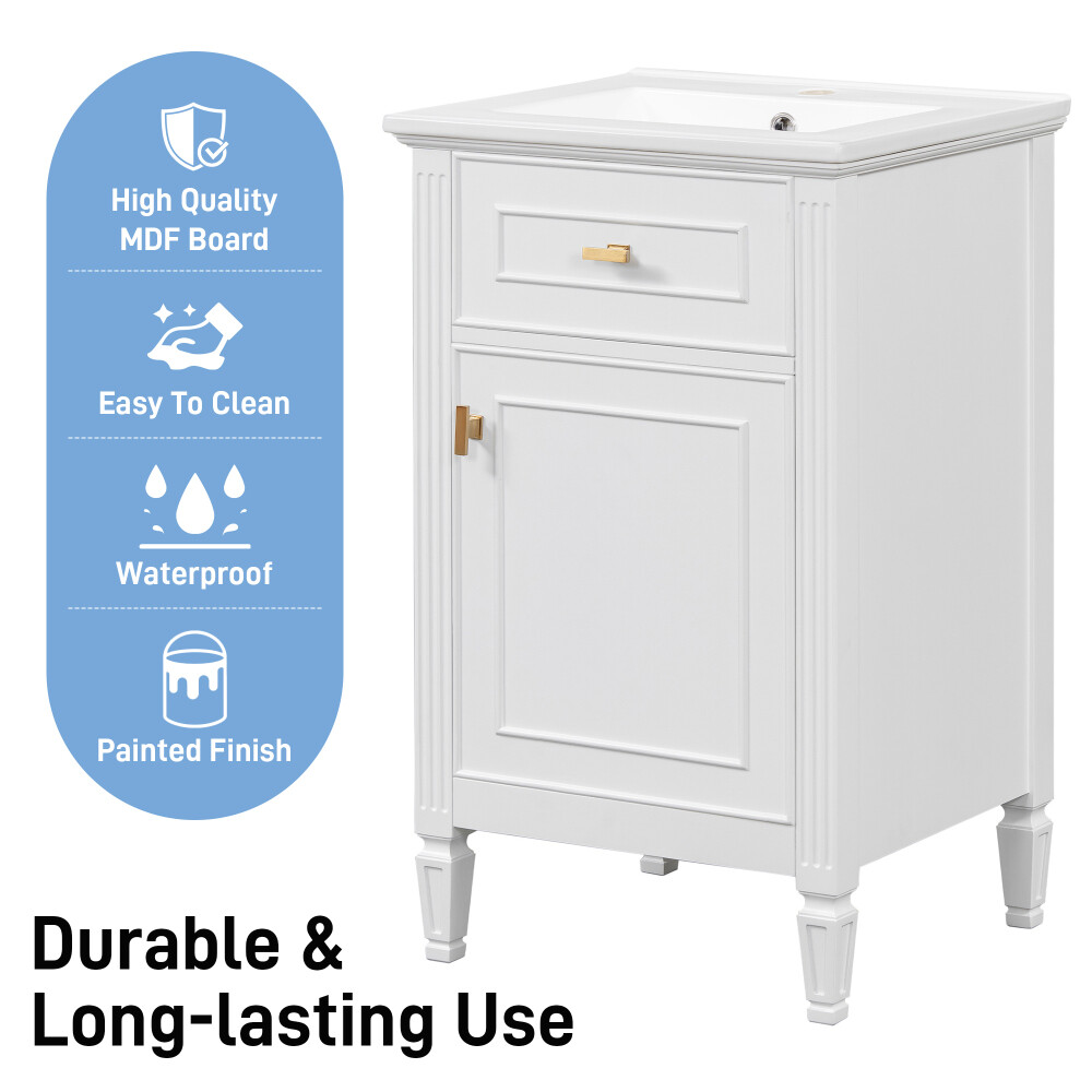 20” Bathroom Vanity w Sink Solid Wood Legs Adjustable Shelf Tilt-Out Drawer