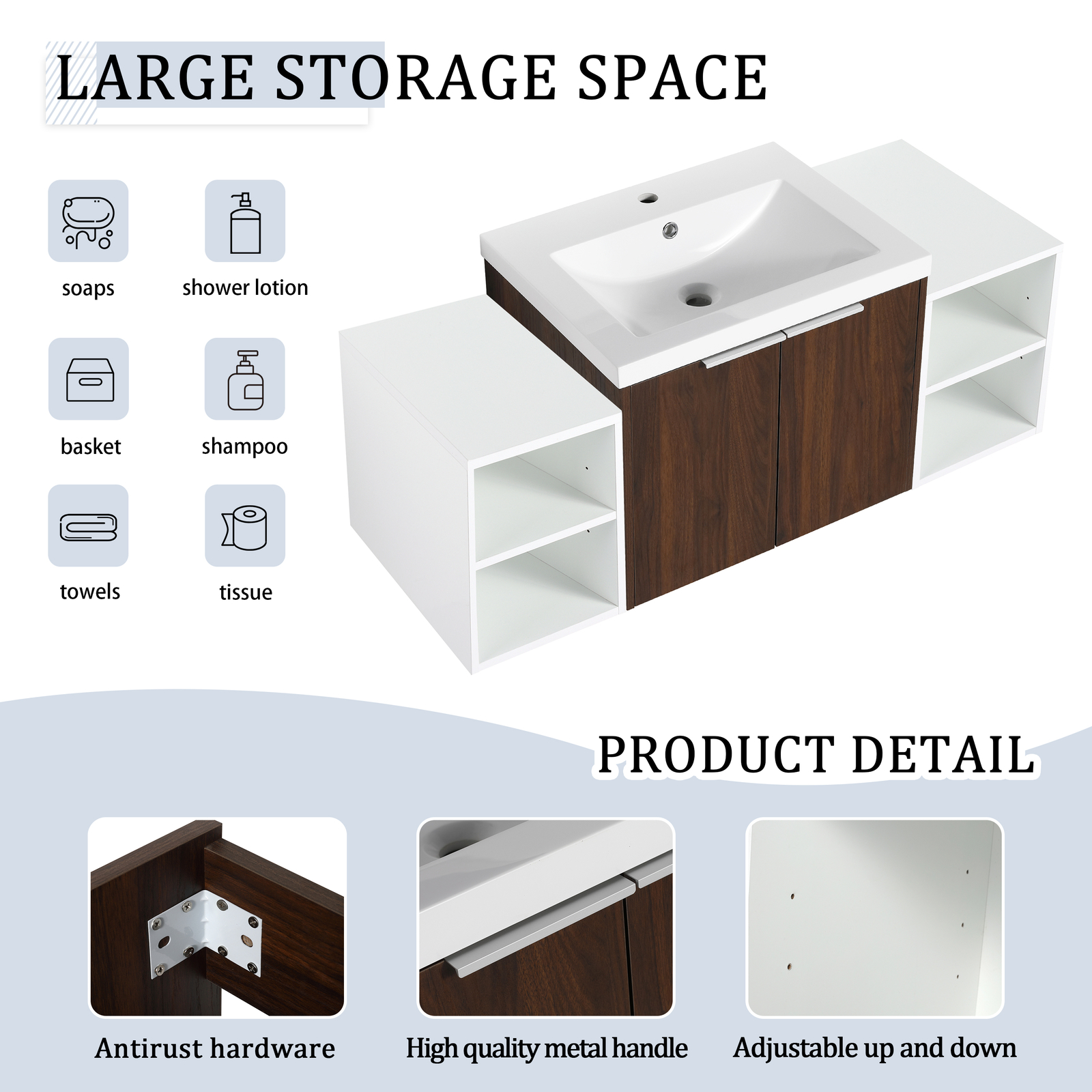 24″Bathroom Vanity Cabinet With Resin Sink + Two 12″Small Storage Shelves Walnut