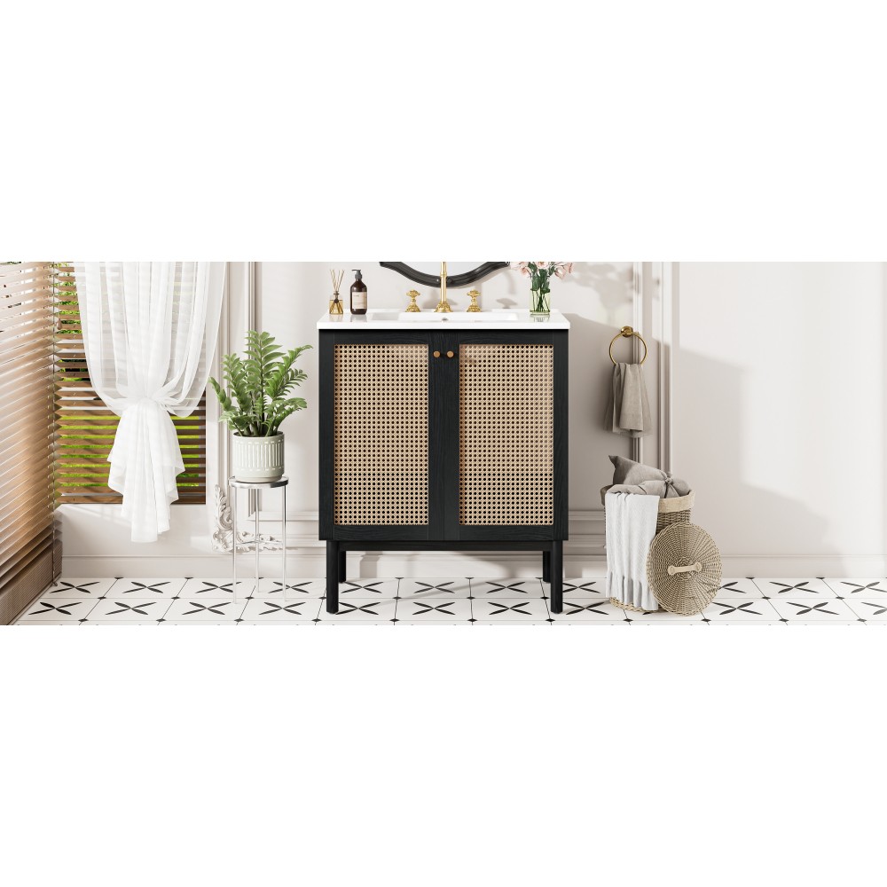 30in Solid Wood Bathroom Vanity Ceramic Sink Soft Close 2 Doors Storage Cabinet