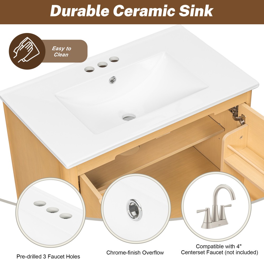 30″ Softened Modern Bathroom Vanity with Ceramic Sink, Natural Wood Grain