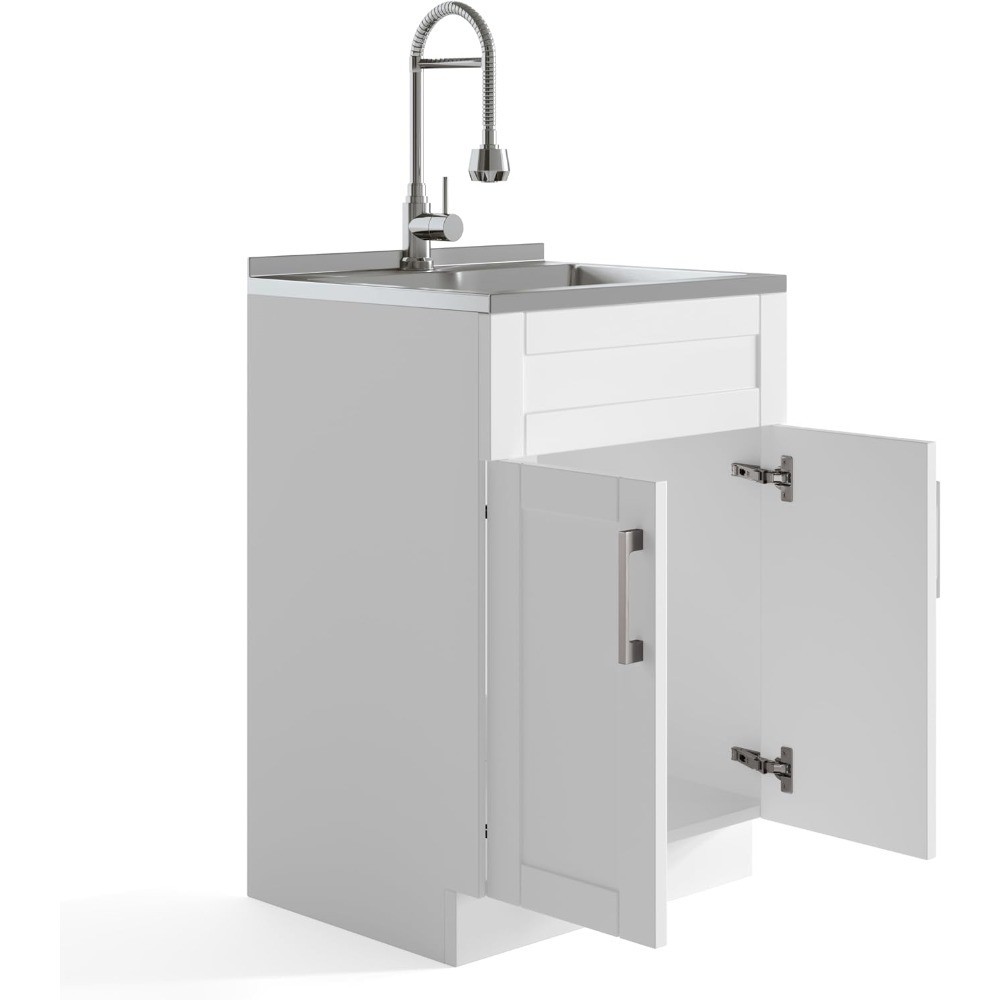 Transitional Stainless Steel Utility Sink Cabinet with High-Arc Chrome Faucet 24