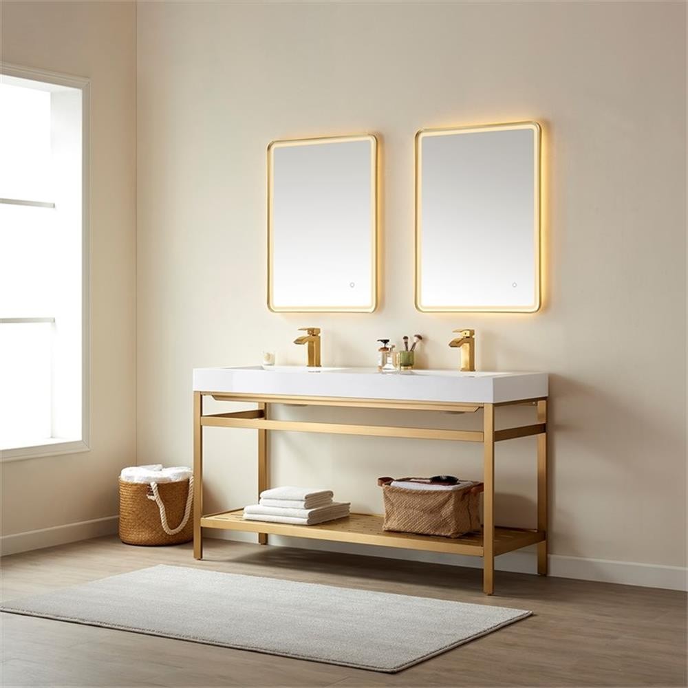 Vinnova Ablitas 60″ Double Sink Bath Vanity with Mirror – Brushed Gold/White Top