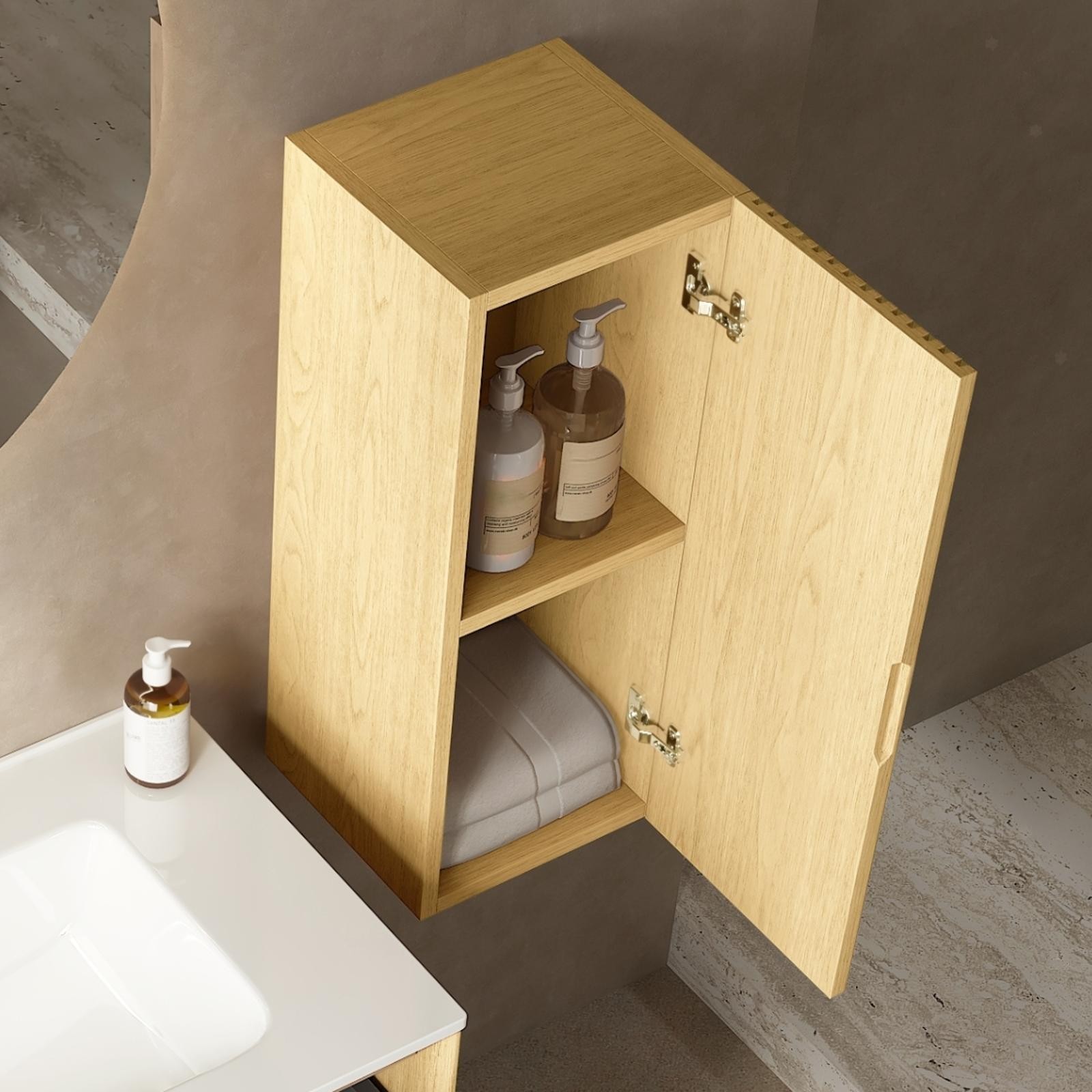 Floating Striped Vanity Cabinet Oak Woodgrain Bathroom Shelf for Compact Spaces