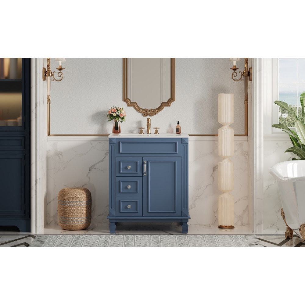 24 Inch Modern Blue Bathroom Vanity with Ceramic Sink Solid Wood MDF Cabinet