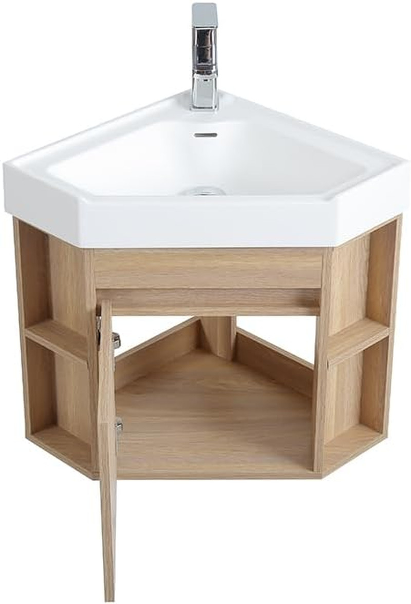 18 Inch Wall Mount Corner Bathroom Vanity with Matte Solid Surface (Light Oak)