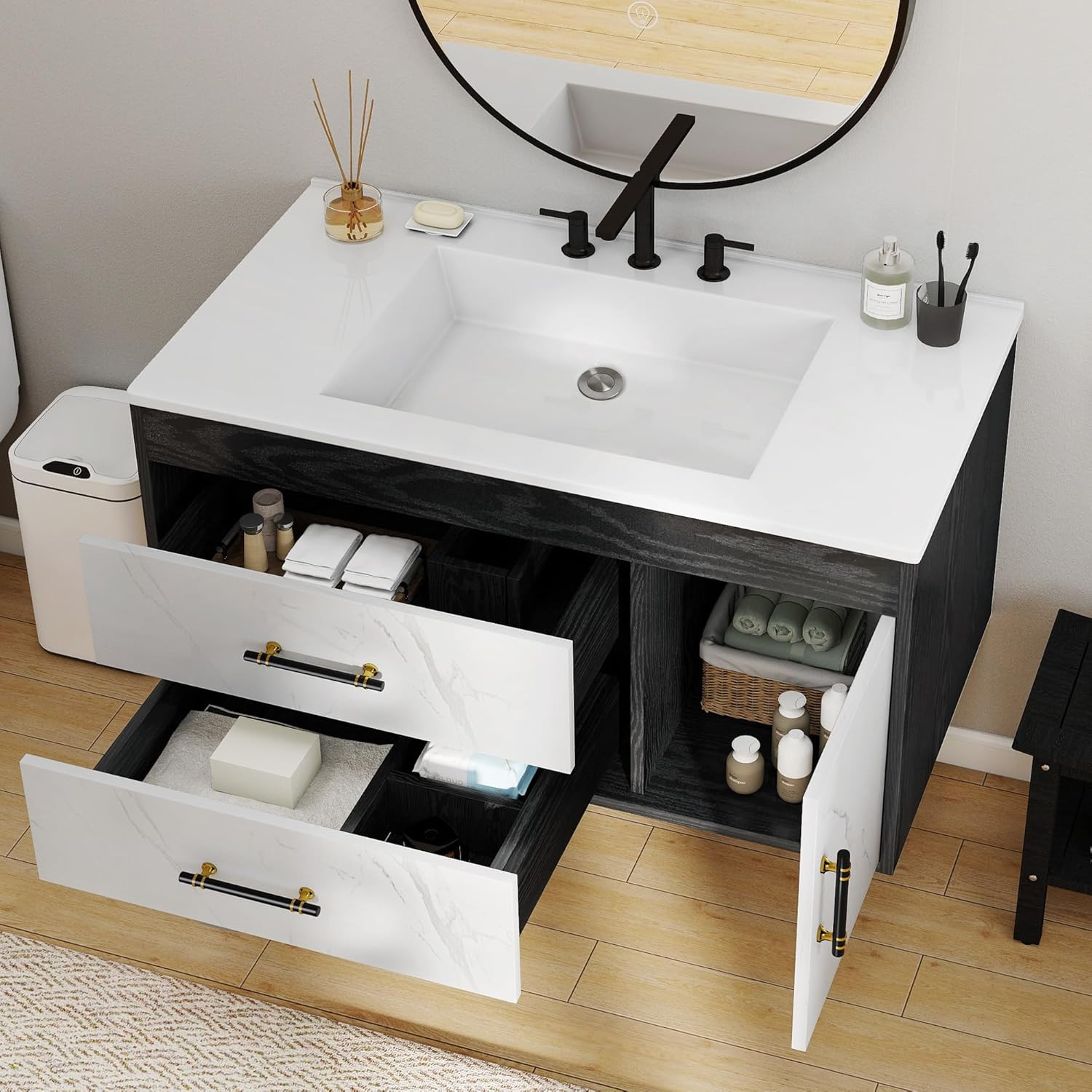 Modern 37″ Floating Bathroom Vanity with Sink & 2 Drawers – Wall Mounted