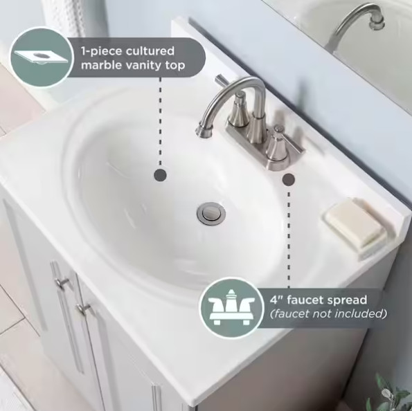 Glacier Bay 25″ Single-Sink Vanity – Pearl Gray with White Cultured Marble Top