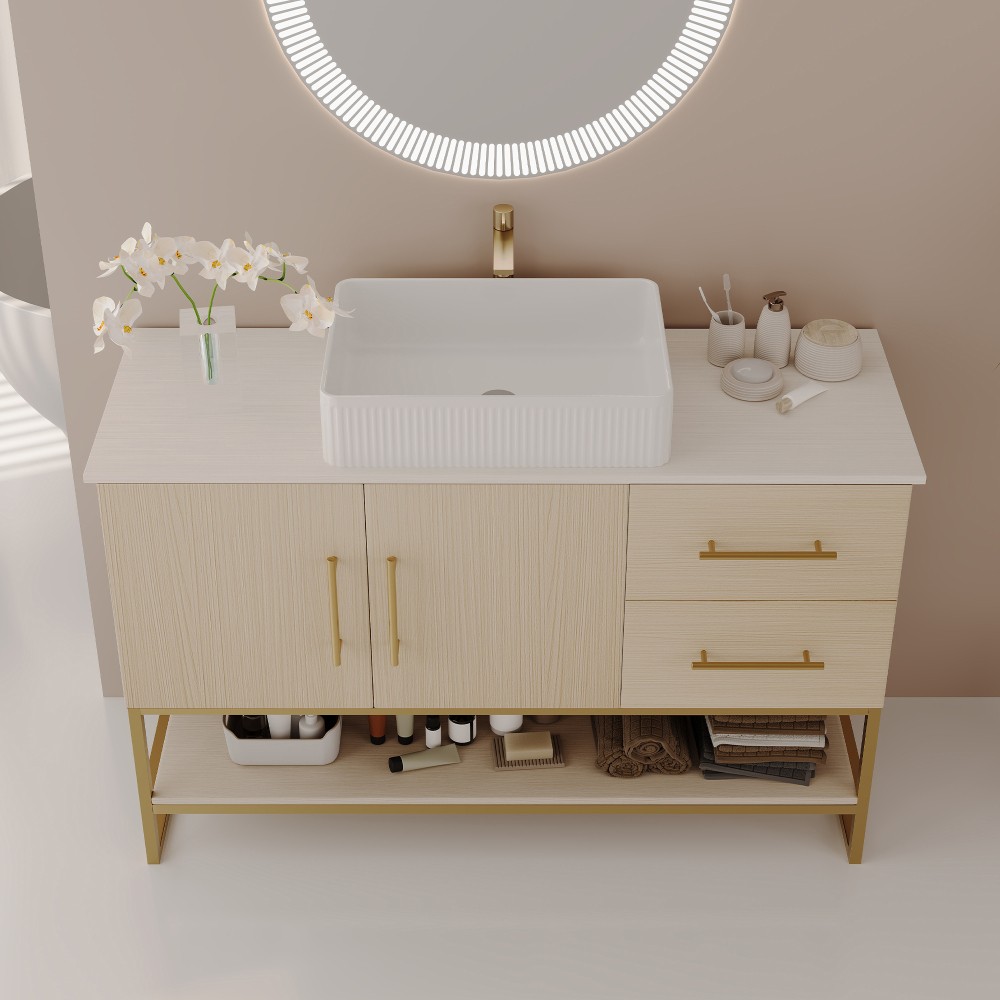 36″ Modern Bathroom Vanity Ceramic Vessel Sink Gold Accent Free Standing Cabinet