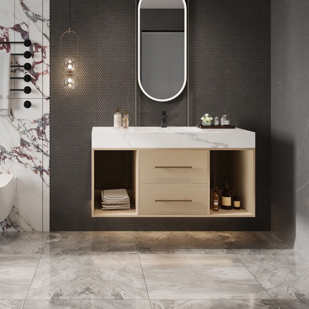 39.4 ” Floating Bathroom Vanity with Ceramic sink, Modern Wall Mounted Vanity