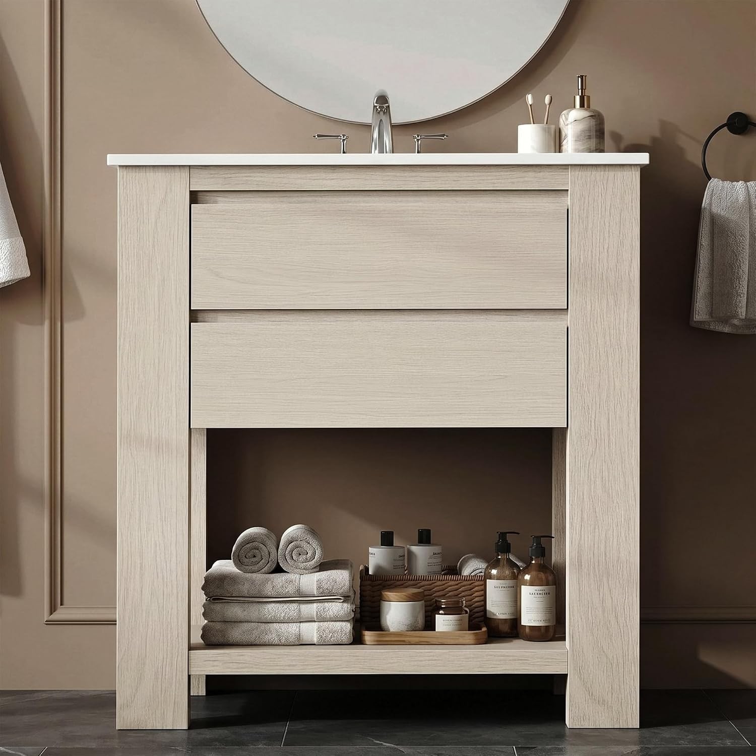 30″ Bathroom Vanity with Sink, White Oak Gray Bathroom Cabinet with 2-Drawer,