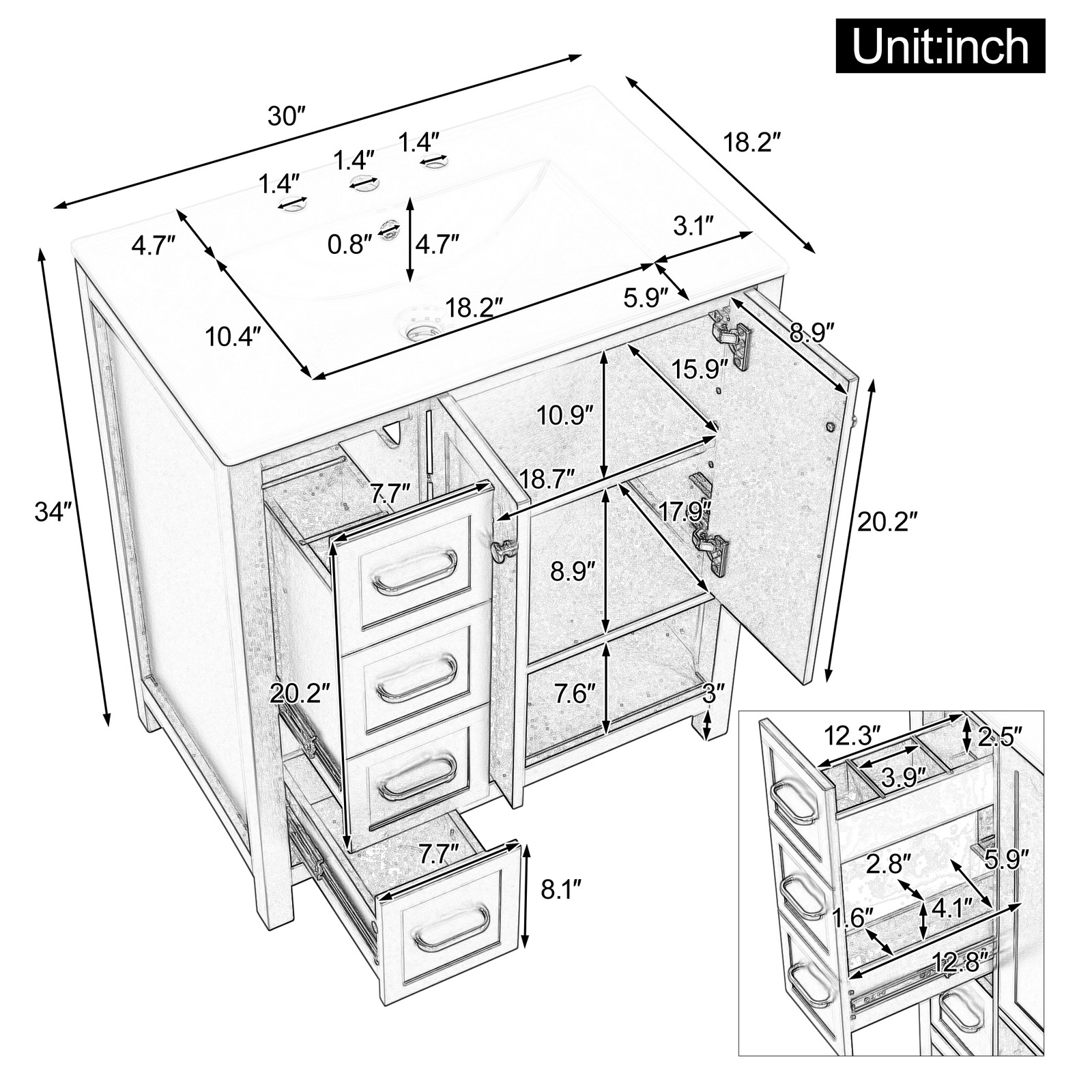 30″ Bathroom Vanity with Sink, 2 Doors & 2 Drawers, Solid Wood, Gray