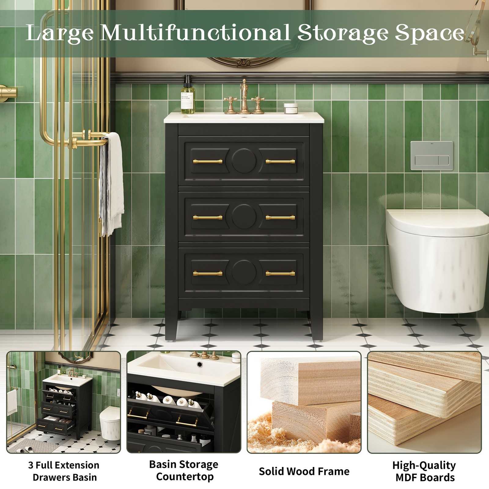 24” Bathroom Vanity with Ceramic Sink, 3 Drawers, Solid Wood Frame Retro Black