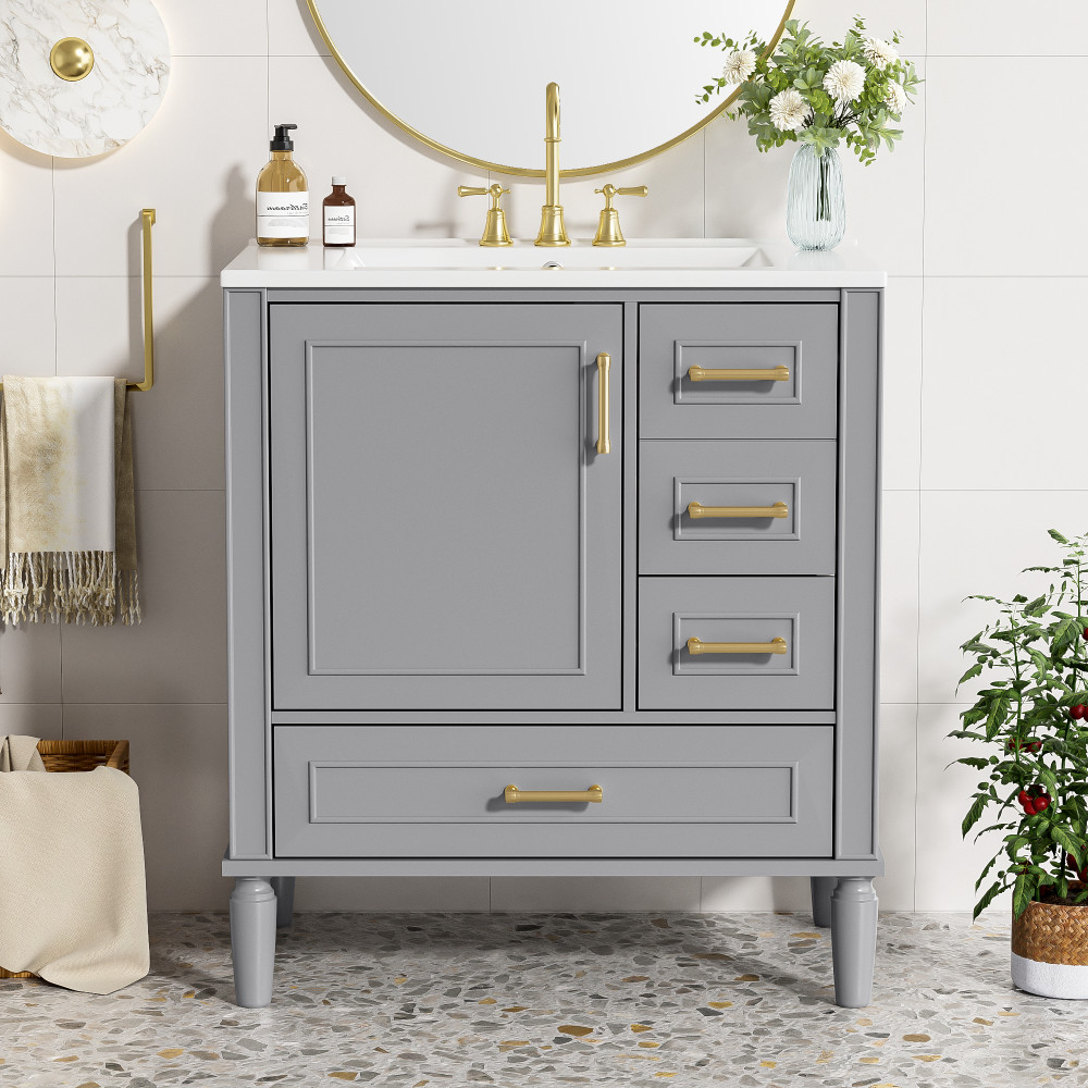 30″ Wood Bathroom Vanity Ceramic Sink Soft Close Door 3 Drawers Storage Cabinet