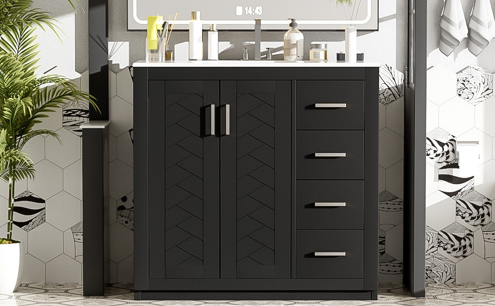 36″ Bathroom Vanity with Ceramic Sink, Solid Wood Frame, 3 Drawers, Black