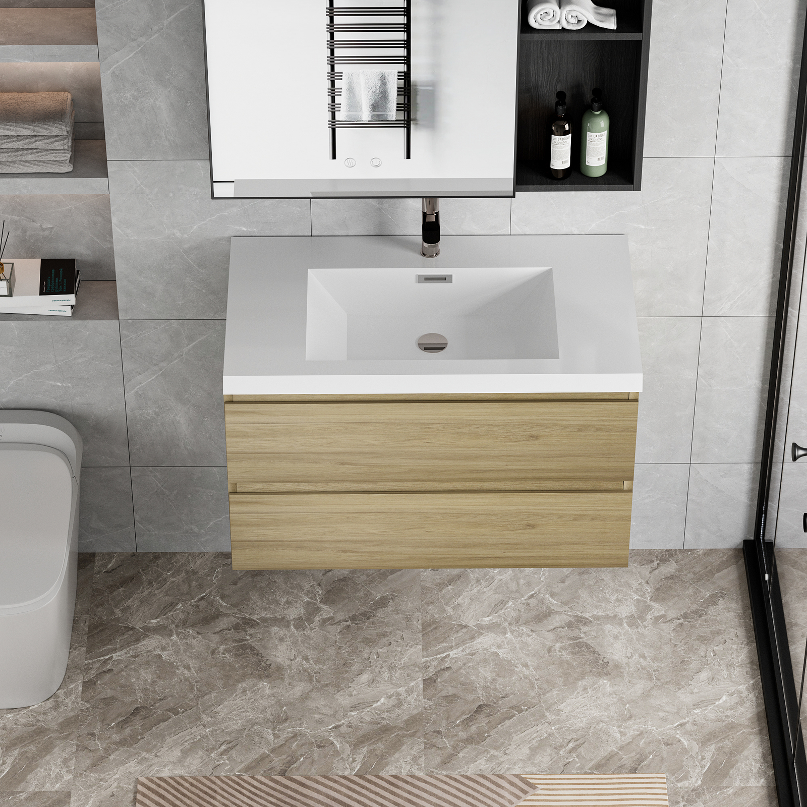 36″ Floating Wall-Mounted Bathroom Vanity with Resin Sink Top Basin 2Drawers Oak