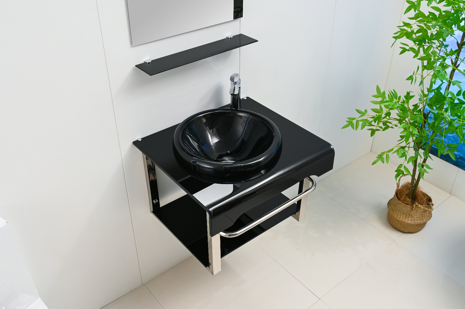 24″ Wide Modern Tempered Glass & Stainless-Steel Set include mirror and shelve