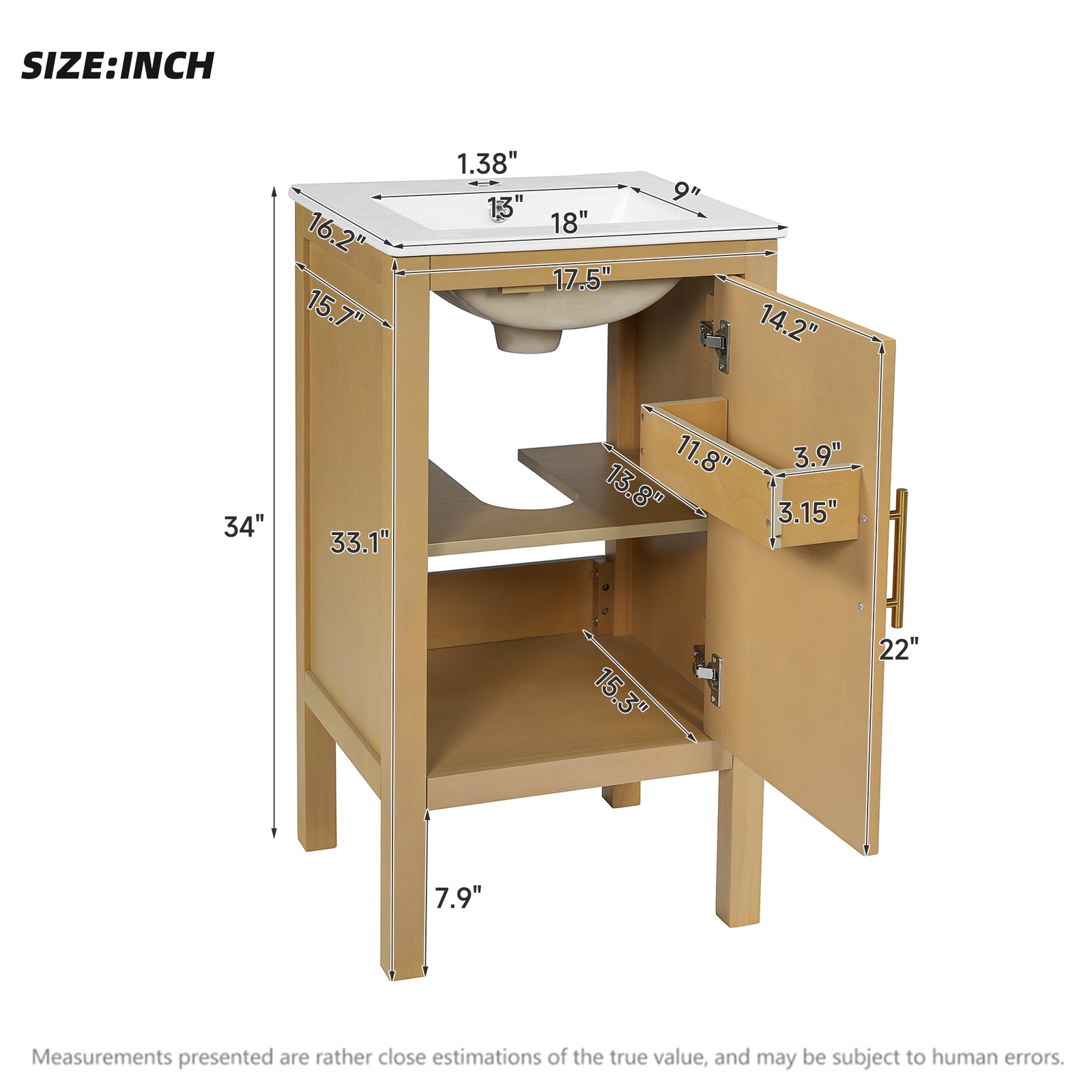 18 Inch Bathroom Vanity with Ceramic Sink, Storage Cabinet, Natural Wood
