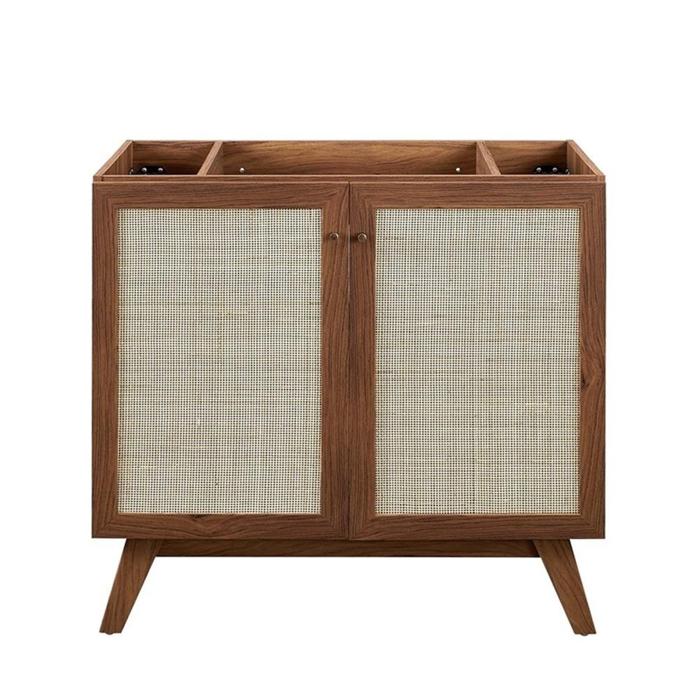 Pemberly Row 36″ Modern Wood Bathroom Vanity with Rattan Door in Walnut/White