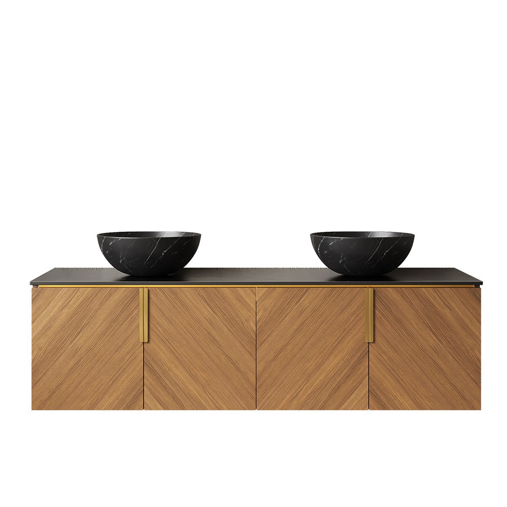60″ Wall Mounted Bathroom Vanity w/Double Round Sink, Floating Cabinet, 4 Doors