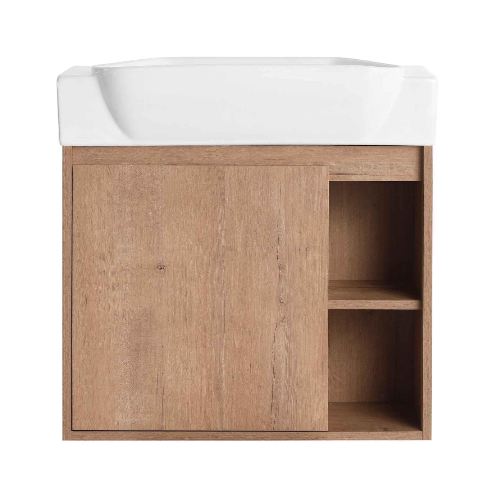 24in Plywood Wall-Mounted Bathroom Vanity W/ Ceramic Sink Basin Door Shelf Oak