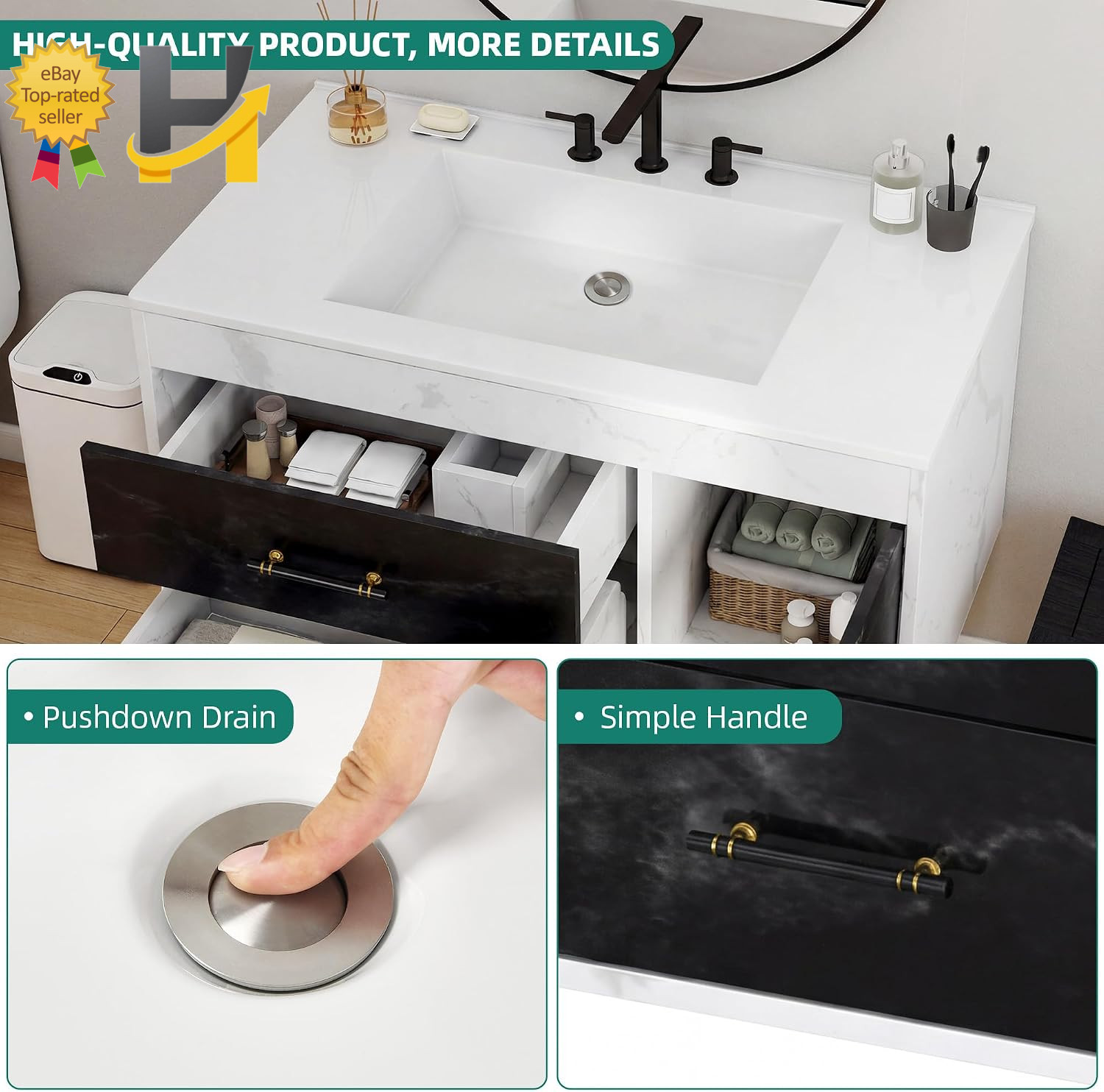 37″ Floating Bathroom Vanity with Sink Wall Mounted Cabinet Black White