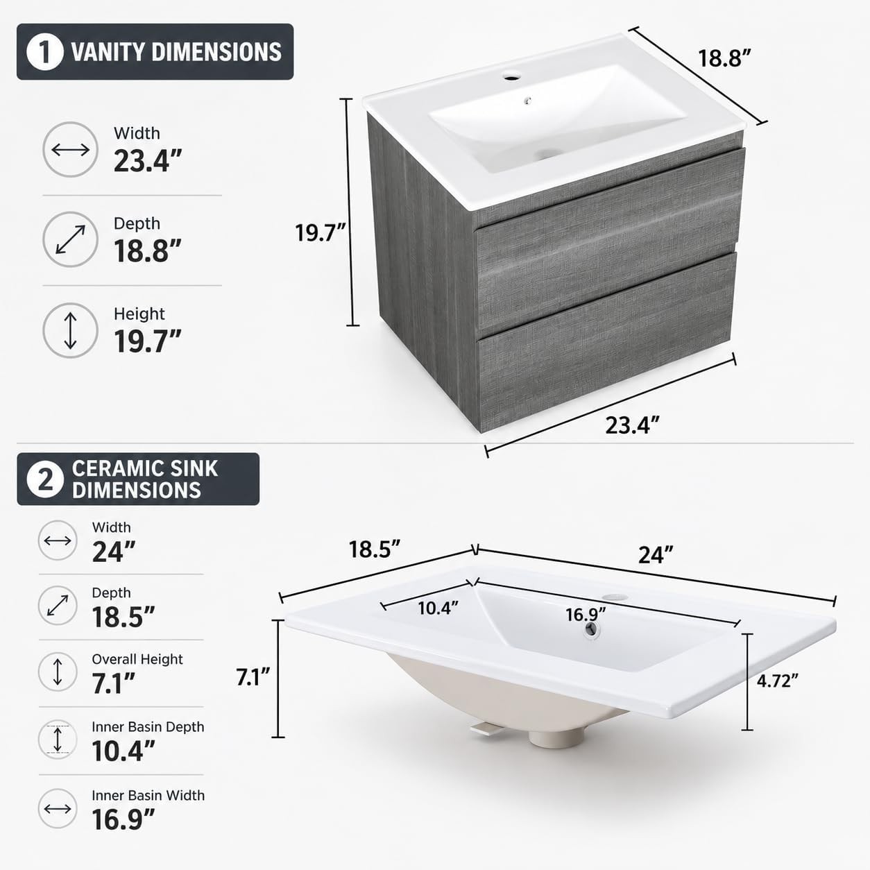 24 Inch Floating Bathroom Vanity with Sink, Gray Wall Mounted Vanity Cabinet